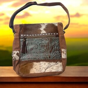 Myra Bag Brown and Turquoise with Cowhide Canvas Leather Shoulder Bag NWT